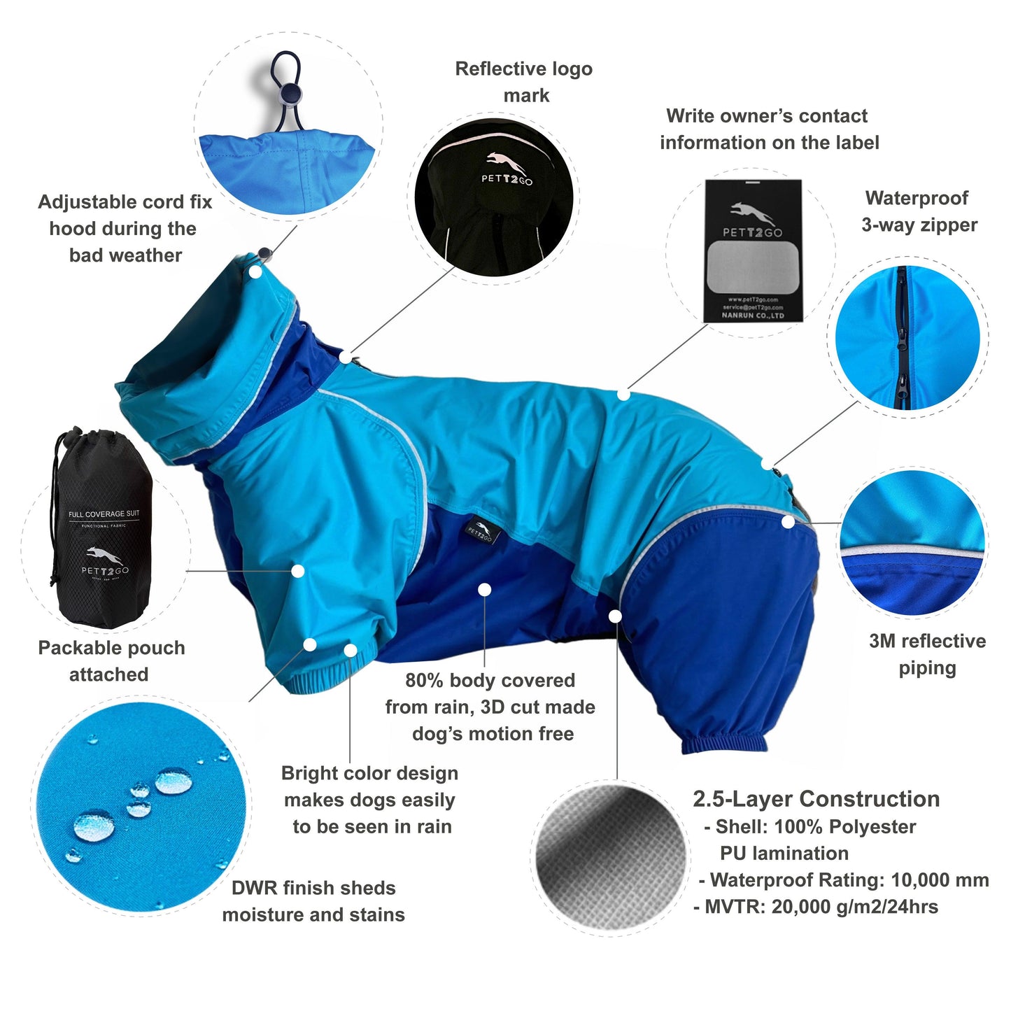 Dog Breathable Raincoat With Legs - Sky Blue - PETT2GO