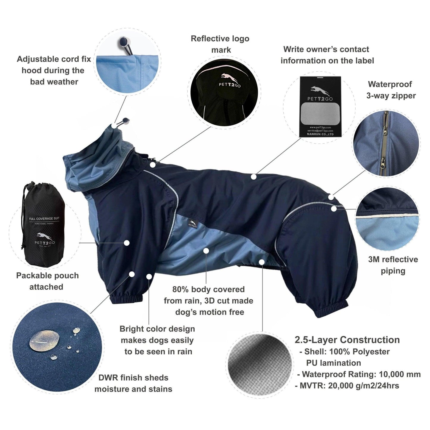 Dog Breathable Raincoat With Legs - Midnight - PETT2GO